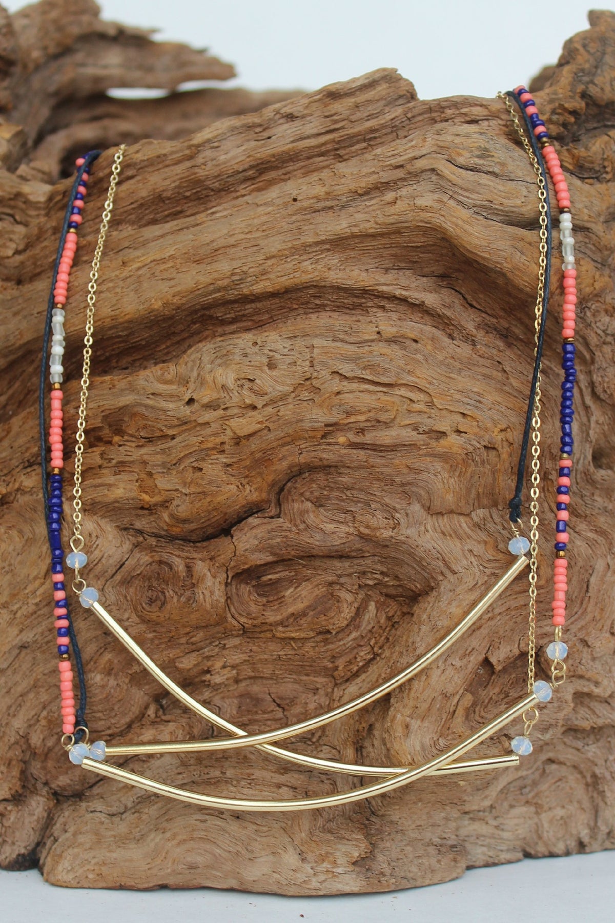 Three Strand Balance Bars and Beads Necklace, Orange