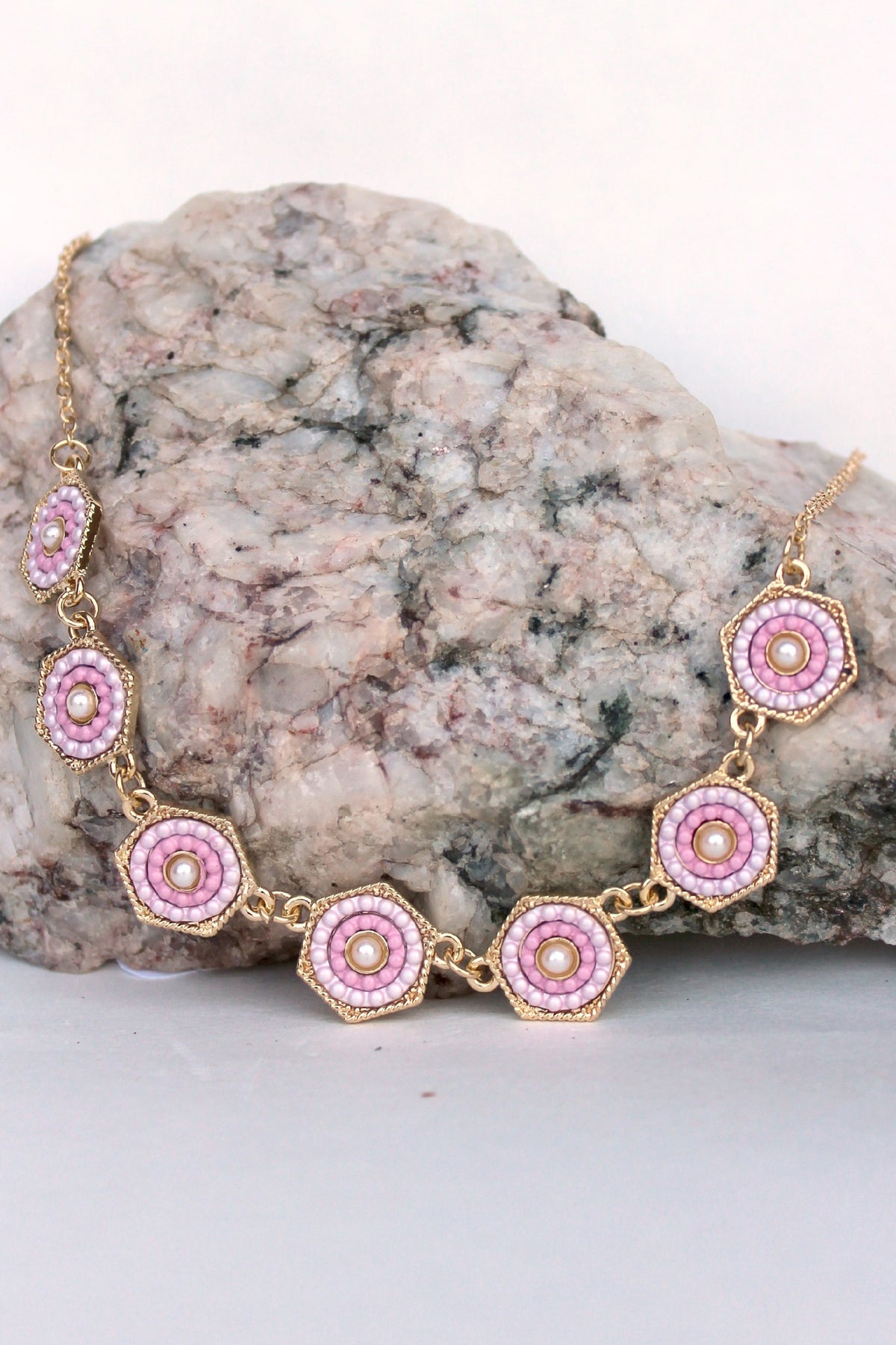 Hexagon Pearl and Bead Necklace, Pink