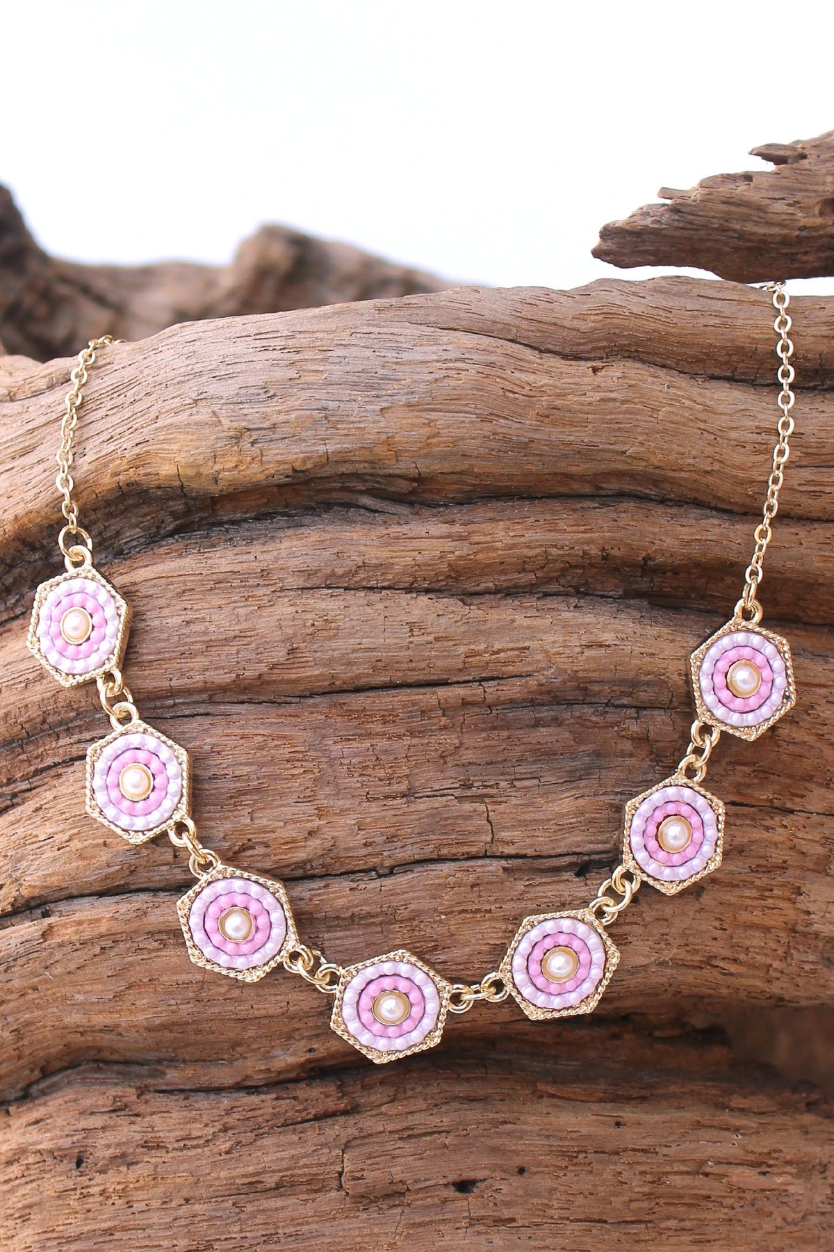 Hexagon Pearl and Bead Necklace, Pink