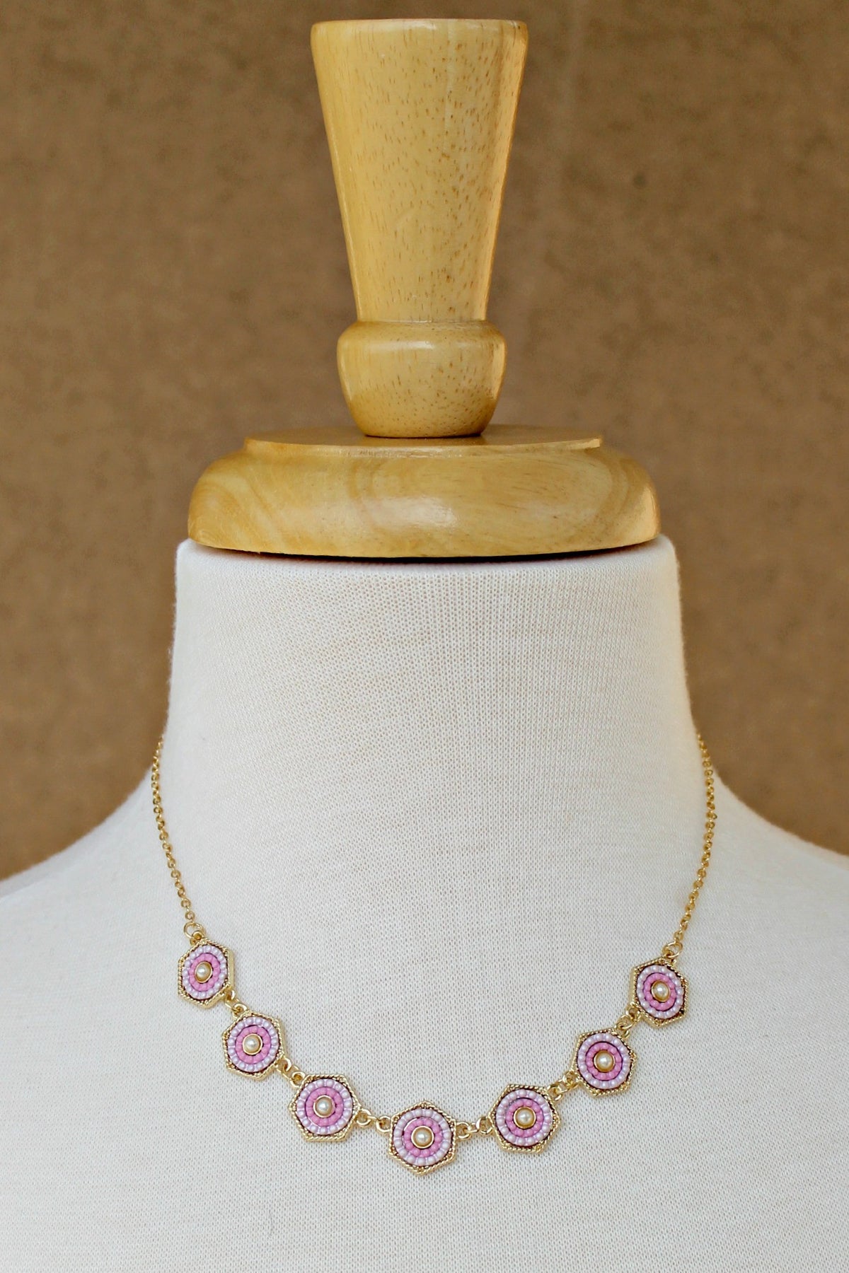 Hexagon Pearl and Bead Necklace, Pink