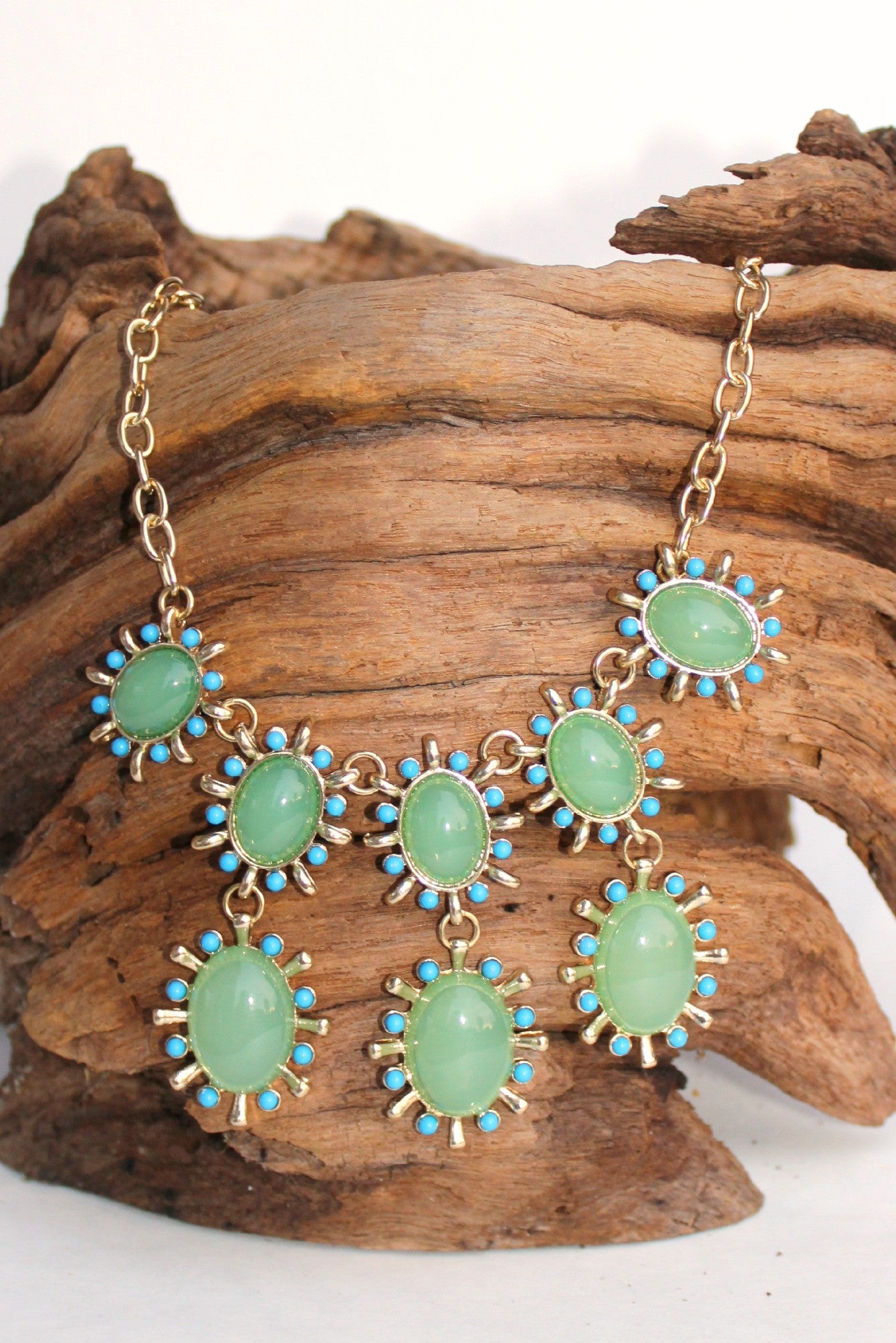 Oval Cabochon Beads Statement Necklace, Lime