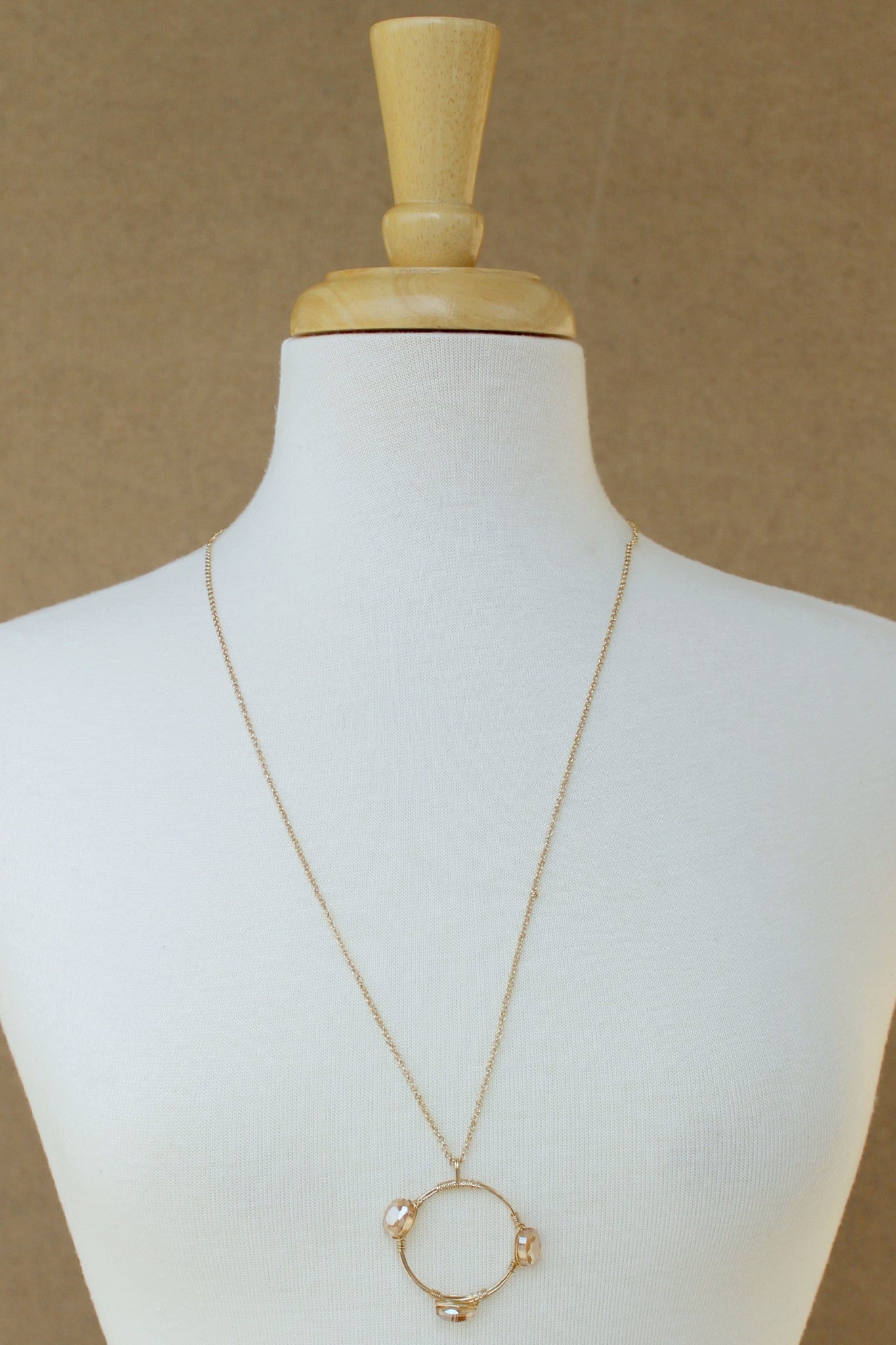 Wire Circle and Wrapped Stone Necklace, Gold