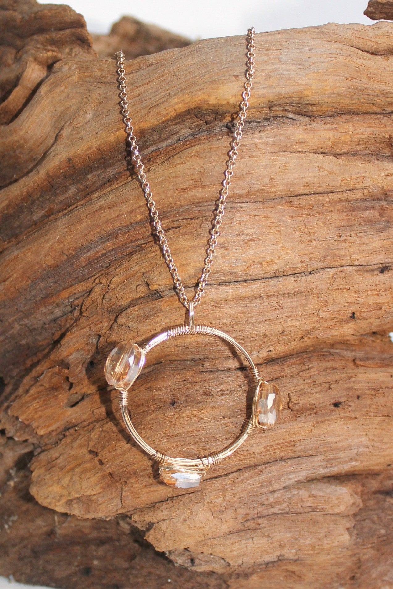 Wire Circle and Wrapped Stone Necklace, Gold