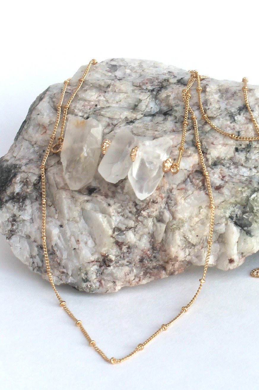 Double Chain Three Quartz Necklace, Gold