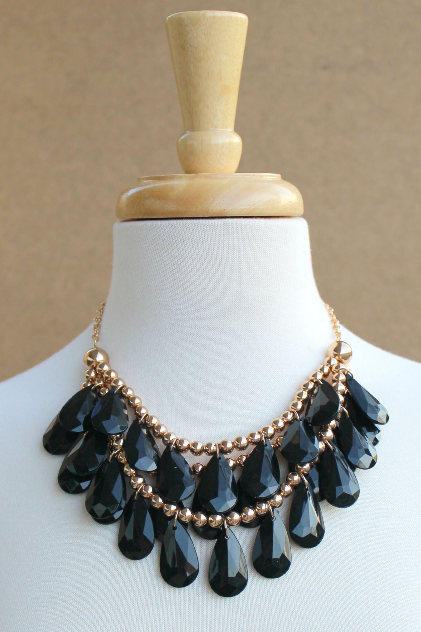 Three Layered Teardrop Statement Necklace, Black