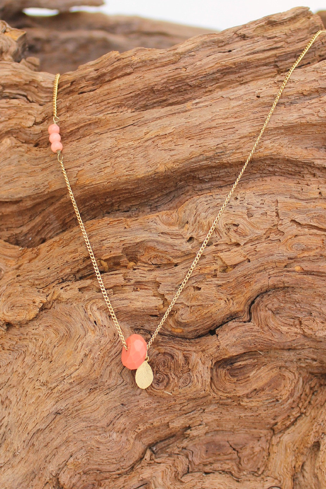 Gold Leaf Necklace, Coral