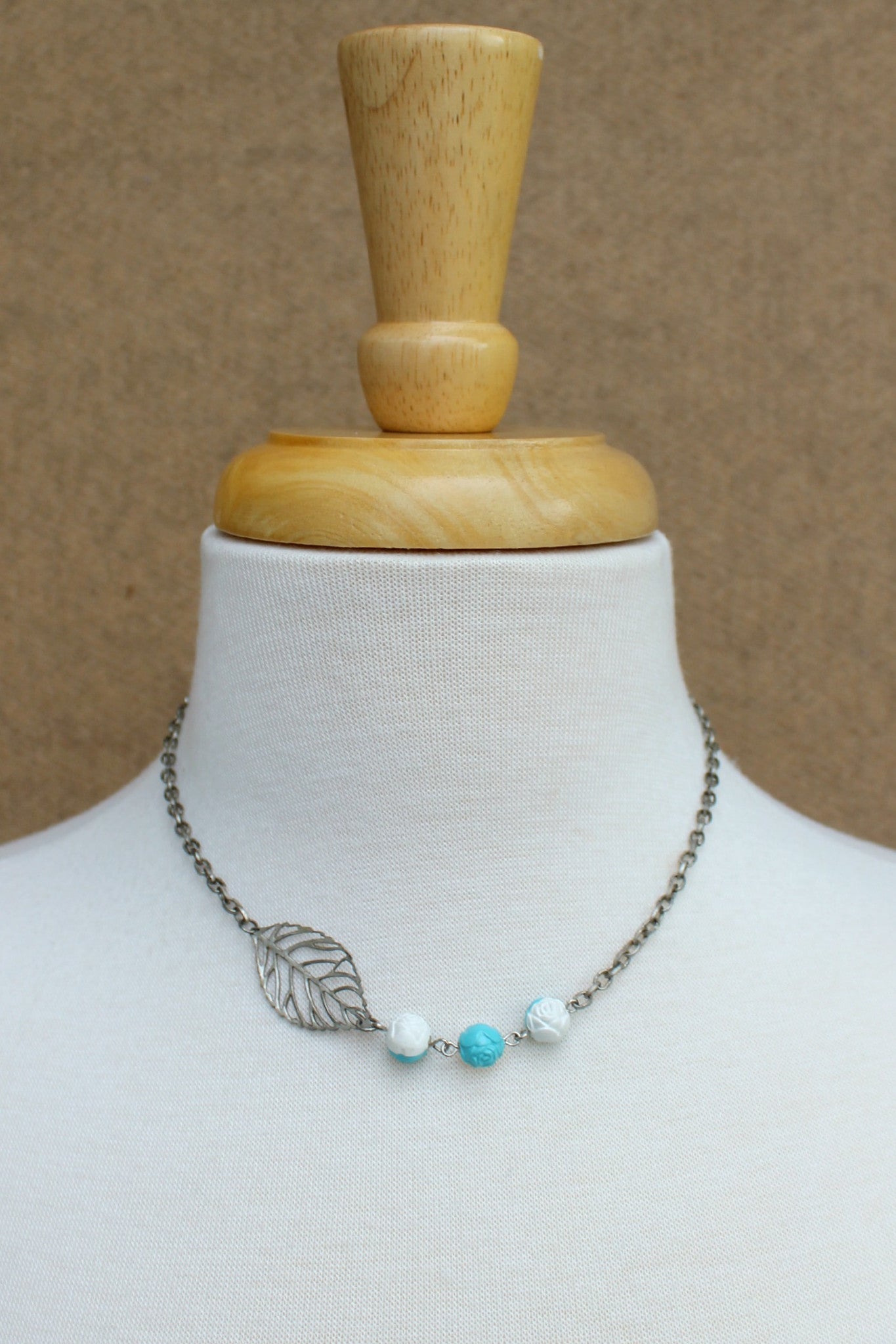 Dawna Lee Jewelry: Leaf Necklace, Blue/White