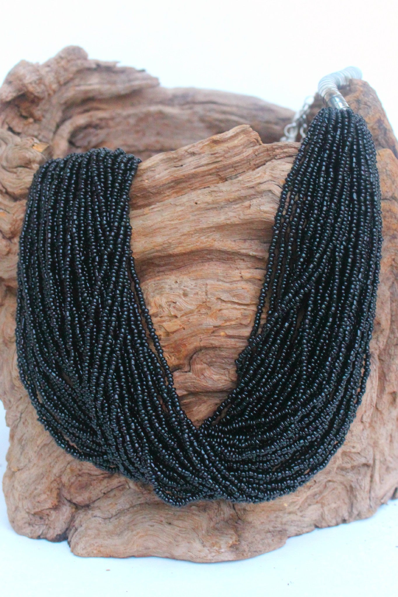Vintage Multi strand Black Bead Necklace Sterling Silver Marked 925 16