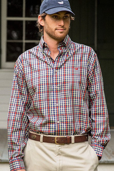 Southern Marsh: The Cumberland Plaid Twill Dress Shirt, Burnt Orange and Blue