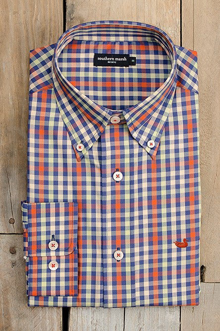 Southern Marsh: The Cumberland Plaid Twill Dress Shirt, Burnt Orange and Blue